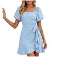 thumbnail image 3 of VBVC Women's Square Neck Puff Sleeve Wrap Mini Dress,Ladies Waist Tie Ruffle Hem A-Line Dress,Elegant Summer Cocktail Party Dress For Women,Light Blue,S-XL, 3 of 7