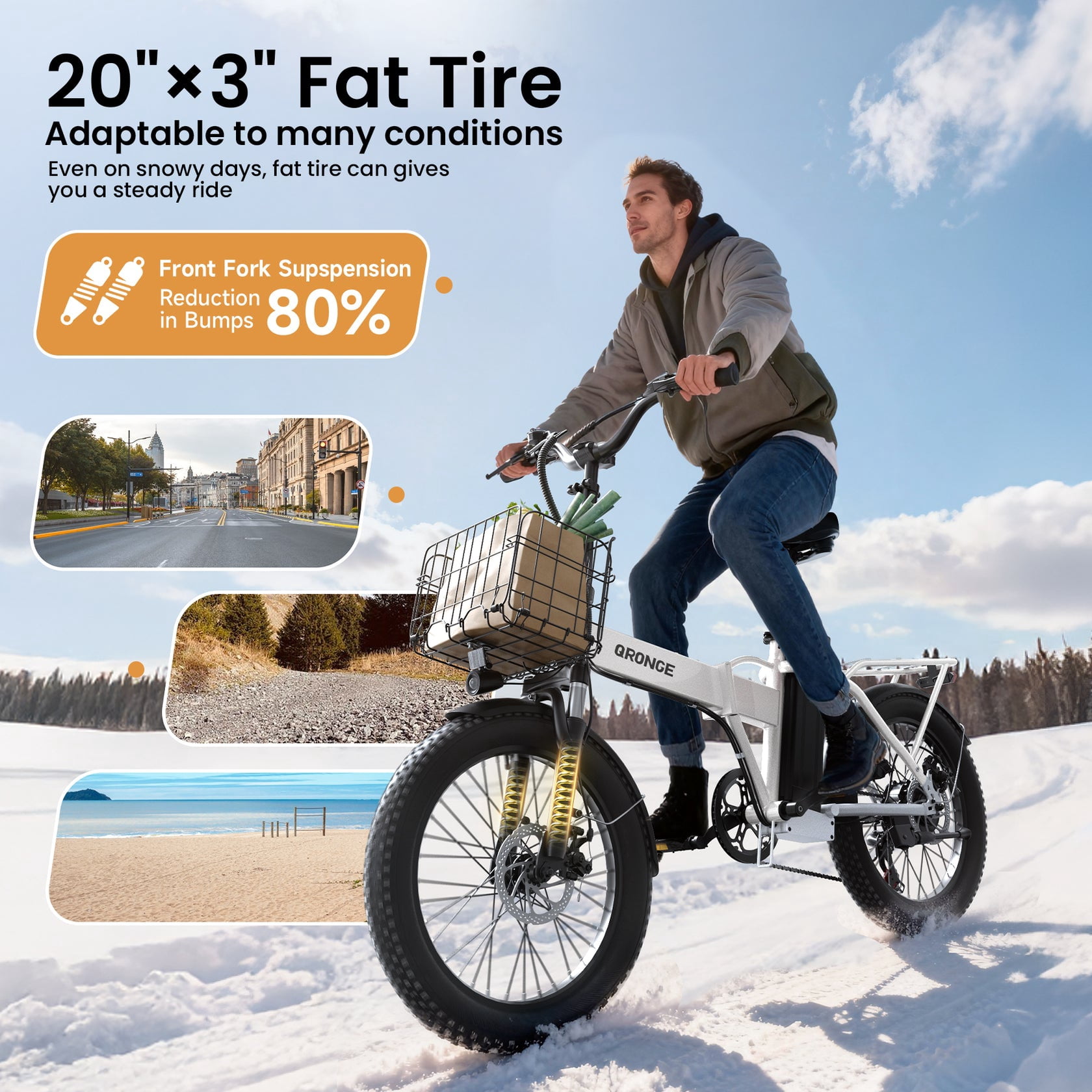 Qronge 1000W Folding Electric Bike for Adults 28mph 70Miles Max Range 20" Fat Tire Foldable Ebikes 48V 13.5AH Battery E-Mountain Bikes, UL2849 by SGS