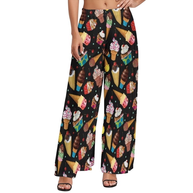 Colorful Ice Cream Pattern Pants Straight Cartoon Food Trendy Wide Pants Woman Elastic Waist Oversized Harajuku Print Trousers