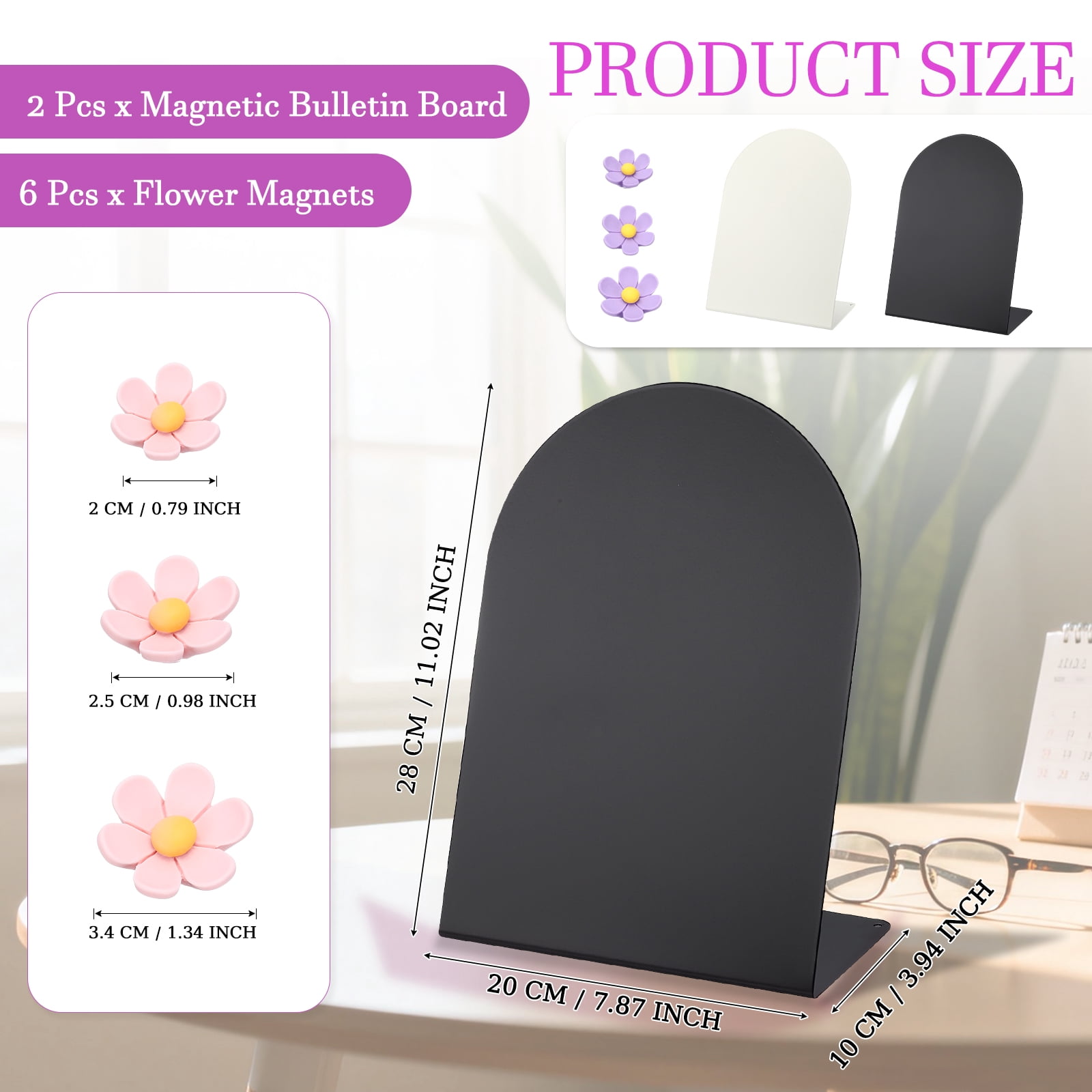 Uxcell 2 Pcs Magnetic Bulletin Board, Memo Magnet Display Stand Board with 6 Flower Magnets for Home Office Kitchen, Black/White/Pink/Purple