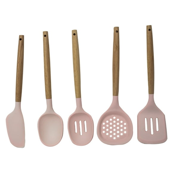 JUEGO DE 5 UTENSILIOS DE SILICONA COLOR RUBOR CON MANGO DE MADERA 39786