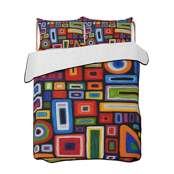Concentric Squares Quilts Bedding Set Full Size Abstract Vintage Red Blue Yellow Geometric Lightweight Quilted Bedspread 3 Piece Bed Quilt with 2 Pillow Shams All Season for Bedroom 68" x 98"