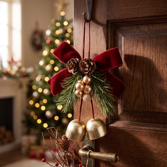 Christmas Wreath with Jingle Bells Hanging Ornament - Festive Xmas Wall Door Window Decor for Home Indoor Living Room Party Atmosphere Decor, Holiday Seasonal Hanging Décor, Holiday Decor