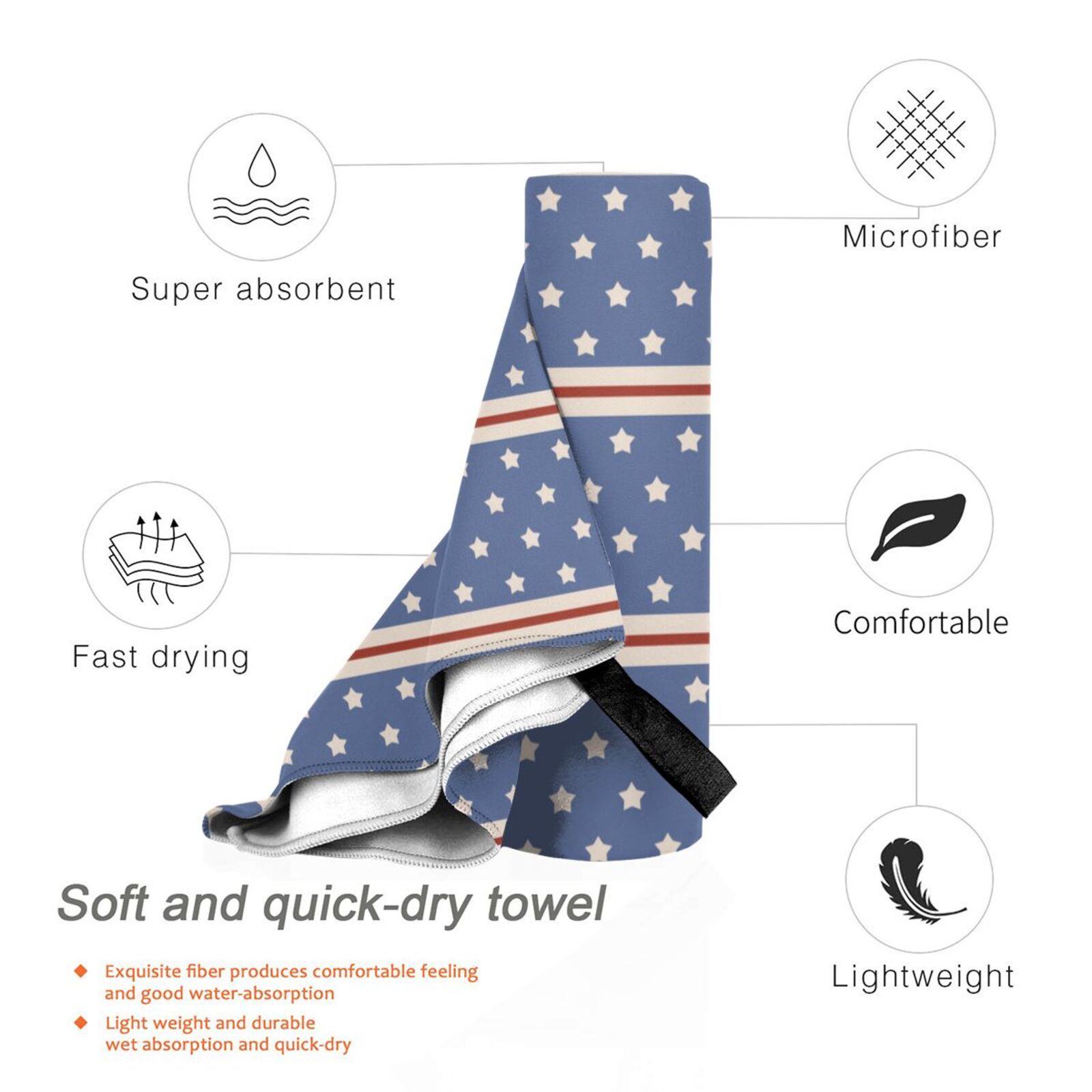 ZNDUO Beach Towel, Stars Stripes Red White Blue Pattern Oversized
