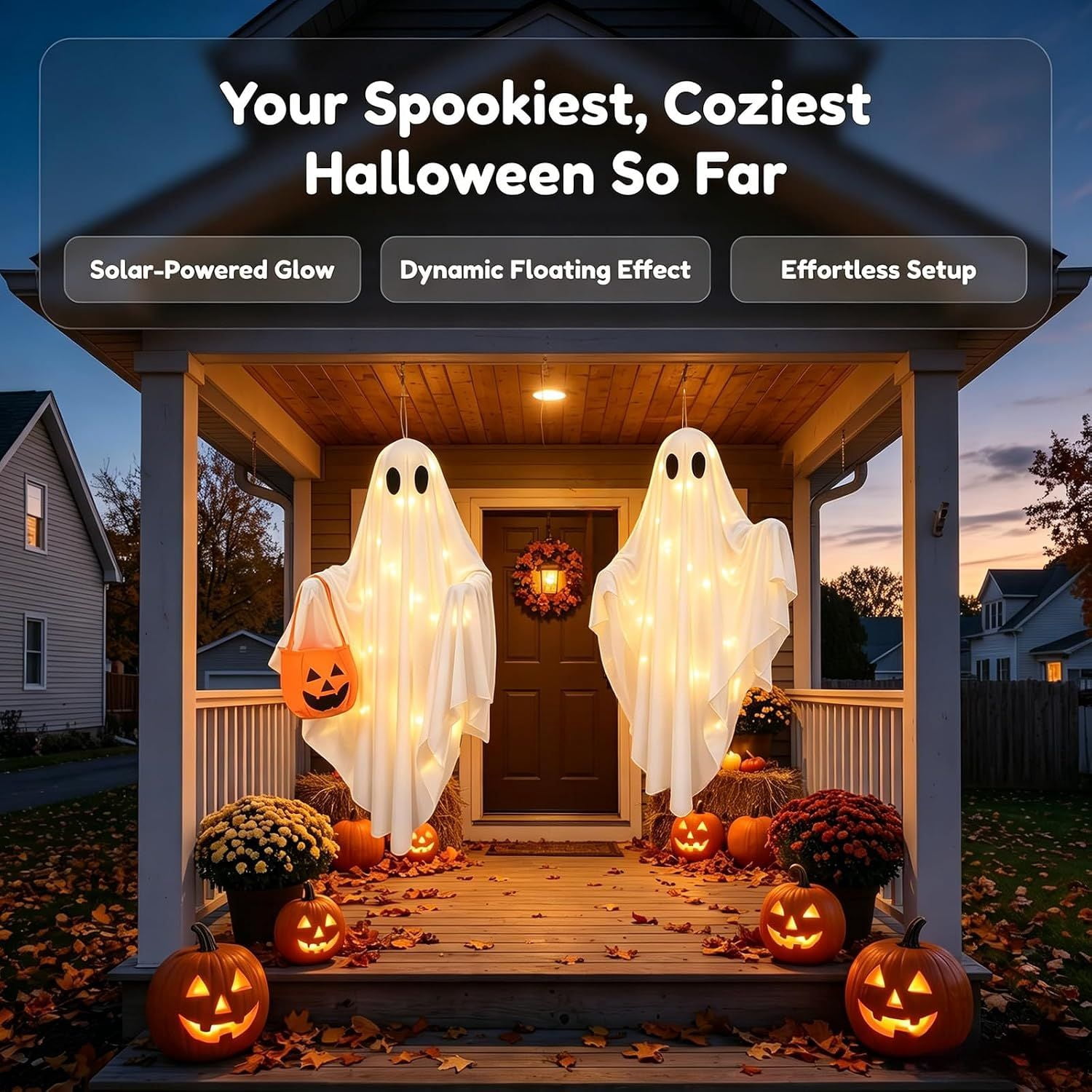 Solar Halloween Ghost Lights, 2 Pack Hanging and Stake Yard Decorations with 30 Warm White LEDs, 14.57 in, Weather Resistant