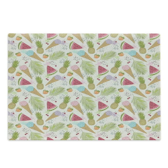 Summer Cutting Board, Doodle Pattern of Ice Creams Watermelon Slices Pineapples Cherries and Mandarins, Decorative Tempered Glass Cutting and Serving Board, in 3 Sizes, by Ambesonne