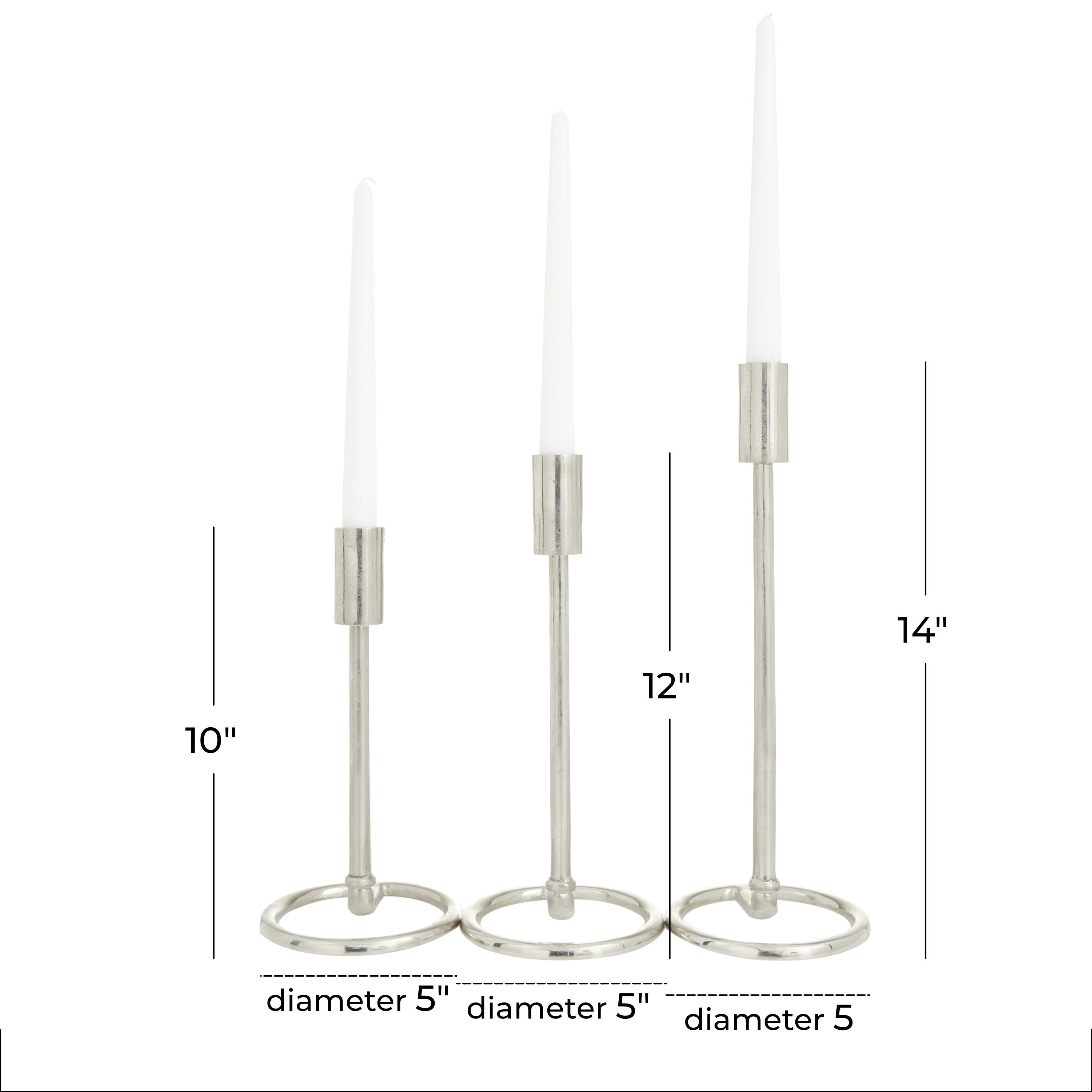 DecMode 3 Candle Silver Aluminum Metal Tapered Candle Holder with Ring Bases, Set of 3