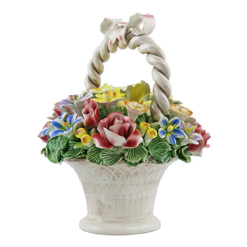 Authentic Italian Capodimonte 7 Inch Mix Flower Mini Bouquet Basket with Handle 