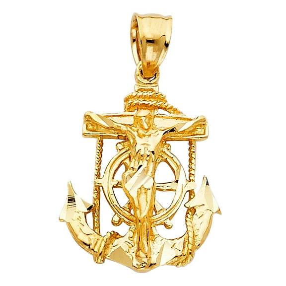 Wellingsale 14K Yellow Gold Polished Diamond Cut Ornate Religious Mariner Anchor Catholic Crucifix Pendant