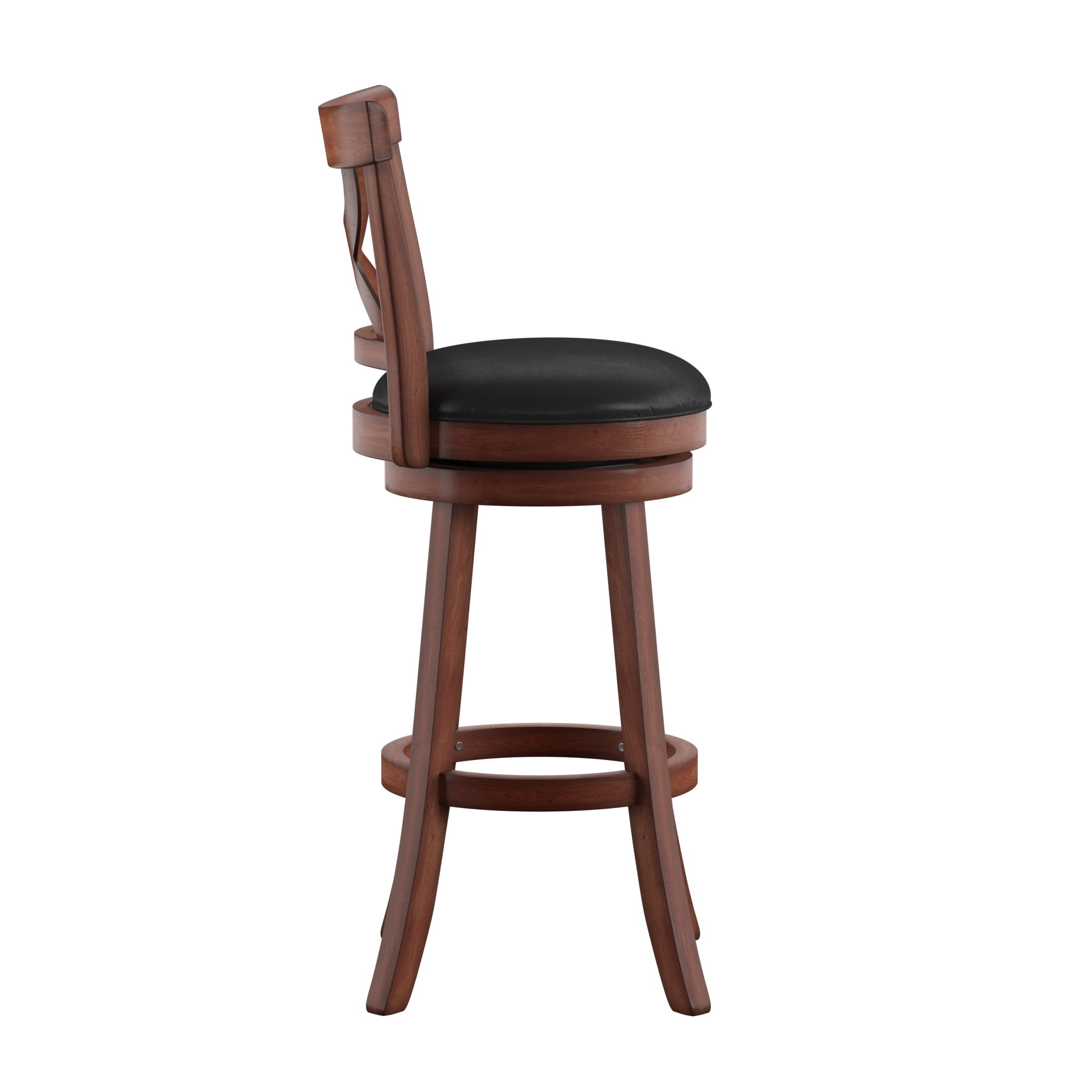 Weston Home Basalt High X-Back Black Upholstered Swivel Seat Bar Height Stool, Cherry Finish