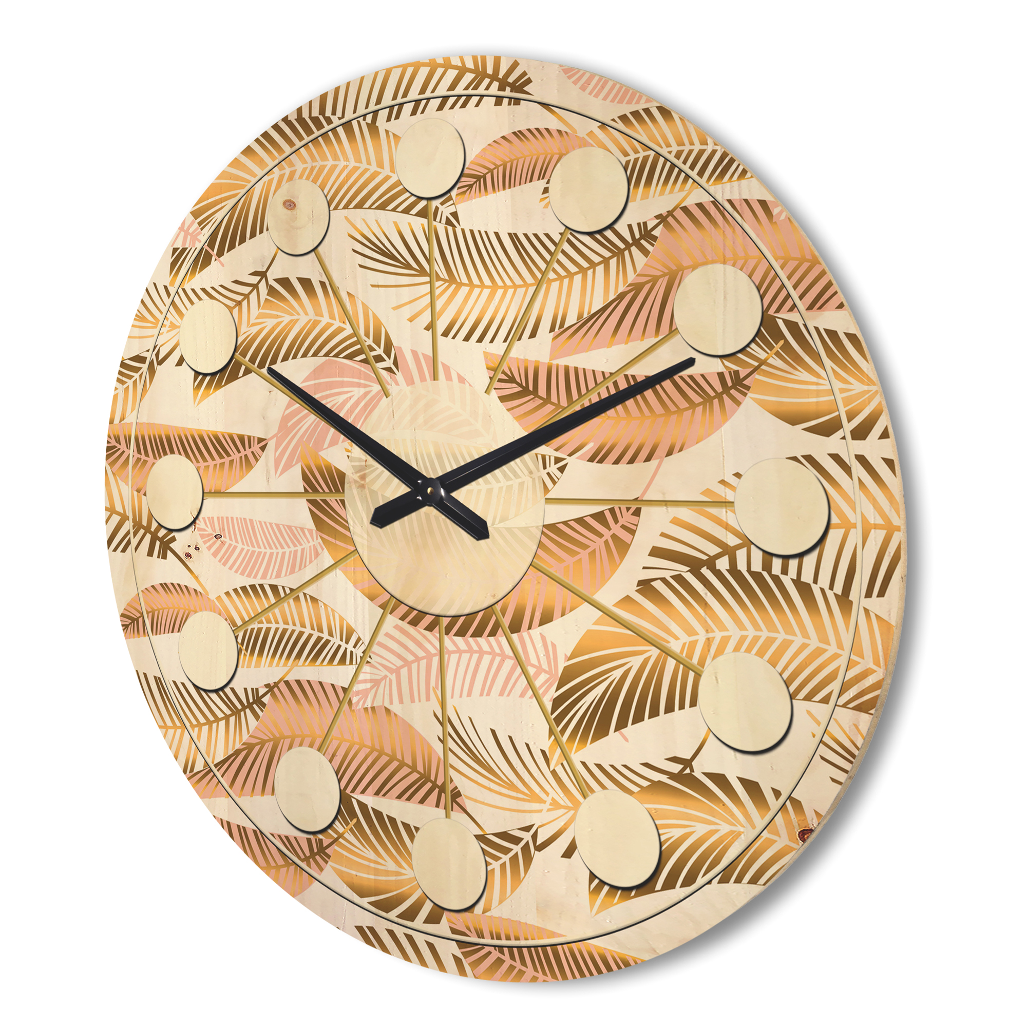 Designart 'Golden Tropical Leaves Pattern III' Mid-Century Modern Wood Wall Clock