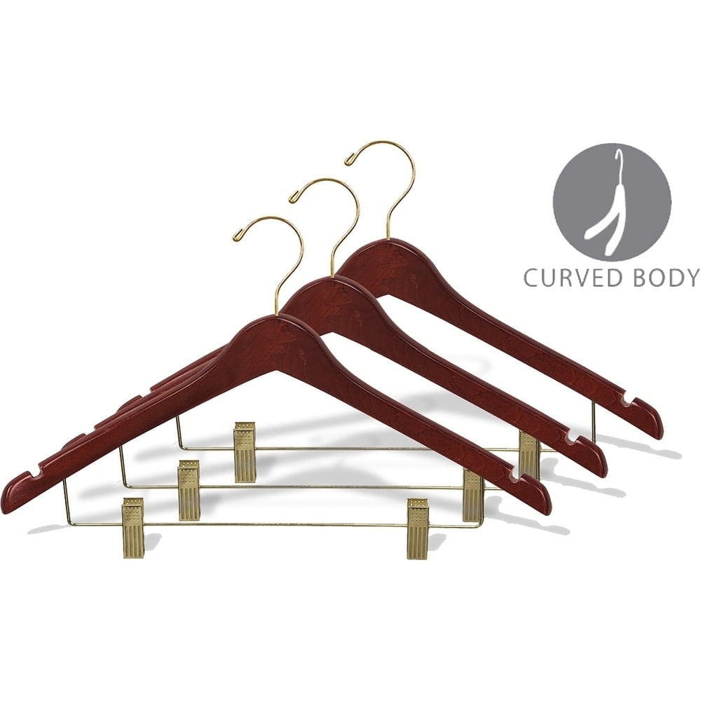 The Great American Hanger Company Curved Wooden Combo Hanger with Walnut Finish and Adjustable Cushion Clips, 1/2 Inch Thick Hangers with Brass Hook &