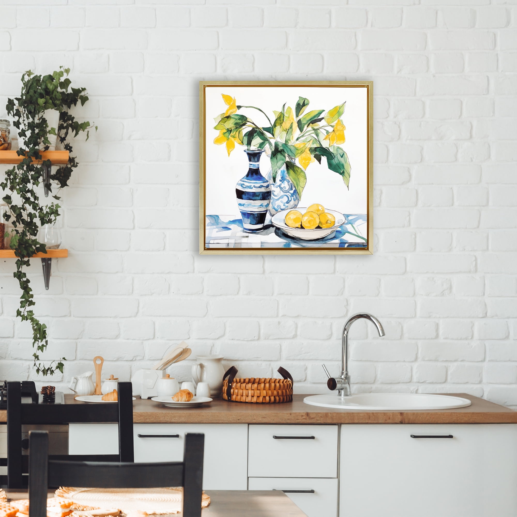 Stupell Industries Lemons & Leaves Table Setting Gold Framed Floater Canvas Wall Art, design by Ray Powers