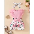 thumbnail image 2 of Caoirhny Baby Girls 3Pcs Summer Outfit Lace Sleeve Ribbed Romper + Bow Shorts + Headband Set Newborn Clothes, 2 of 6
