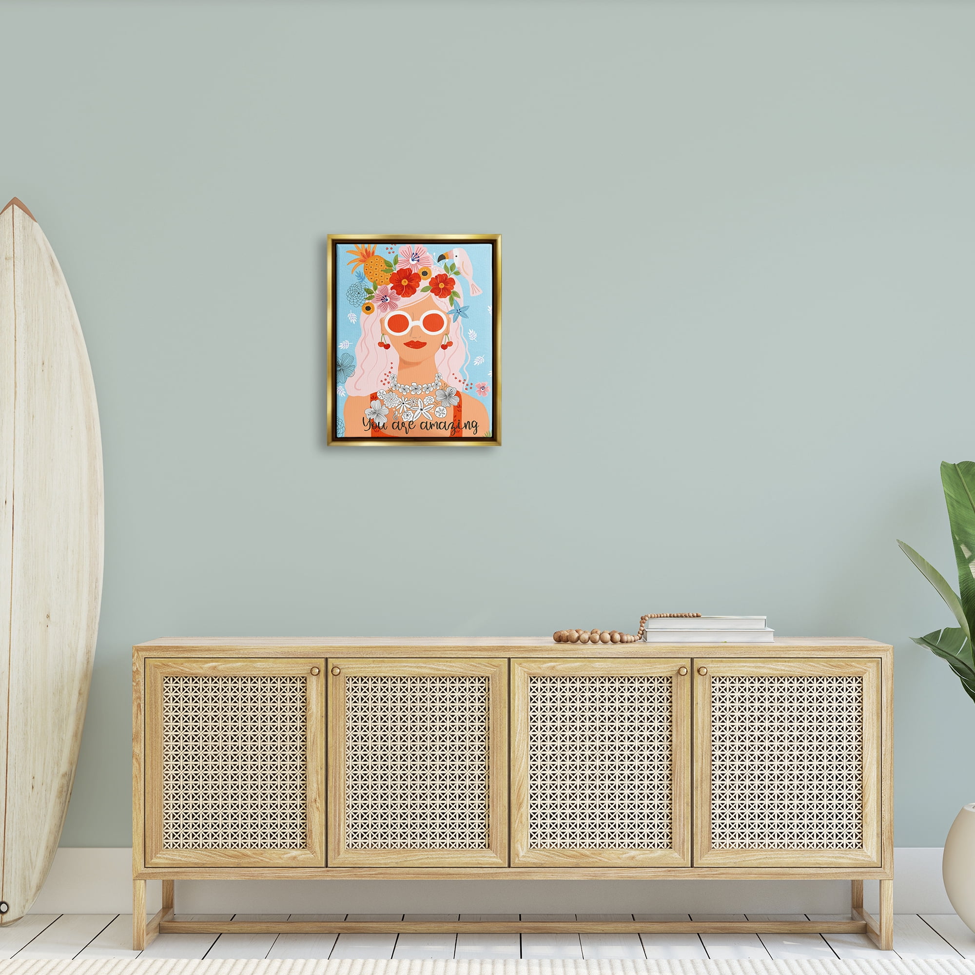 Stupell Industries You Are Amazing Motivational Floral Woman Portrait Graphic Art Metallic Gold Floating Framed Canvas Print Wall Art, Design by Sharon Lee