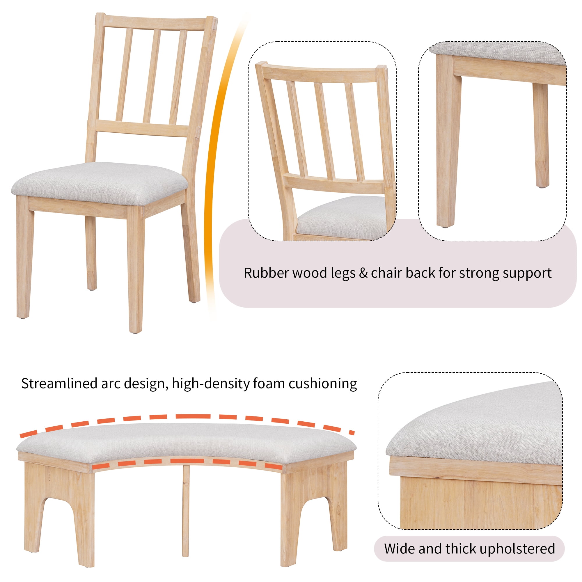 Euroco 5-Piece Round Dining Set,Rustic Kitchen Table Set with 3 Upholstered Chairs and Curved Bench for Dining Room/Kitchen/Living Room,Natural