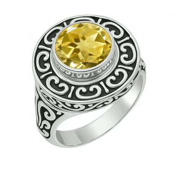 925 Sterling Silver Genuine Citrine Gemstone Large Ring Gothic Modern Designer Filigree Jewelry Handmade Balinese Fashion Ring Unique Style Cocktail Ring For Women, Uk Size Q1/2