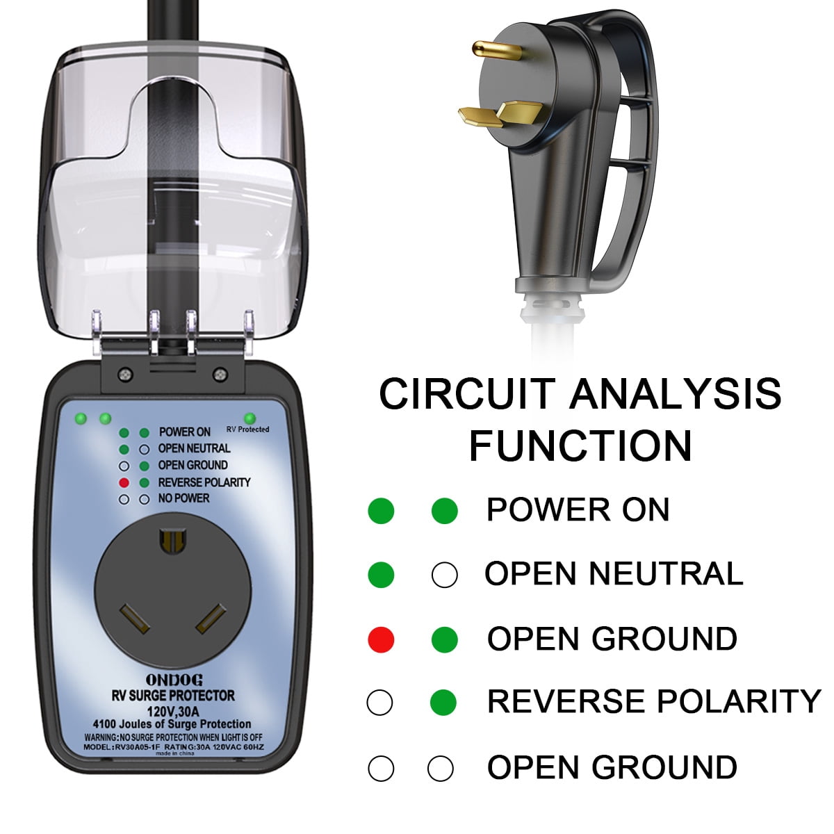 ONDOG 30Amp Surge Protector  for rv with Waterproof Cover and Circuit Analyzer 125V.