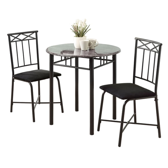 Monarch Specialties Dining Table Set, 3pcs Set, Small, 30" Round, Kitchen, Metal, Laminate, Grey Marble Look, Black, Transitional