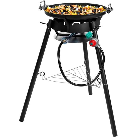 RYHOFOUD Q044-Paella Pan Set with Burner, 16 Inch Carbon Steel Outdoor Pan and Reinforced/Adjustion Legsfor Outdoor Cooking