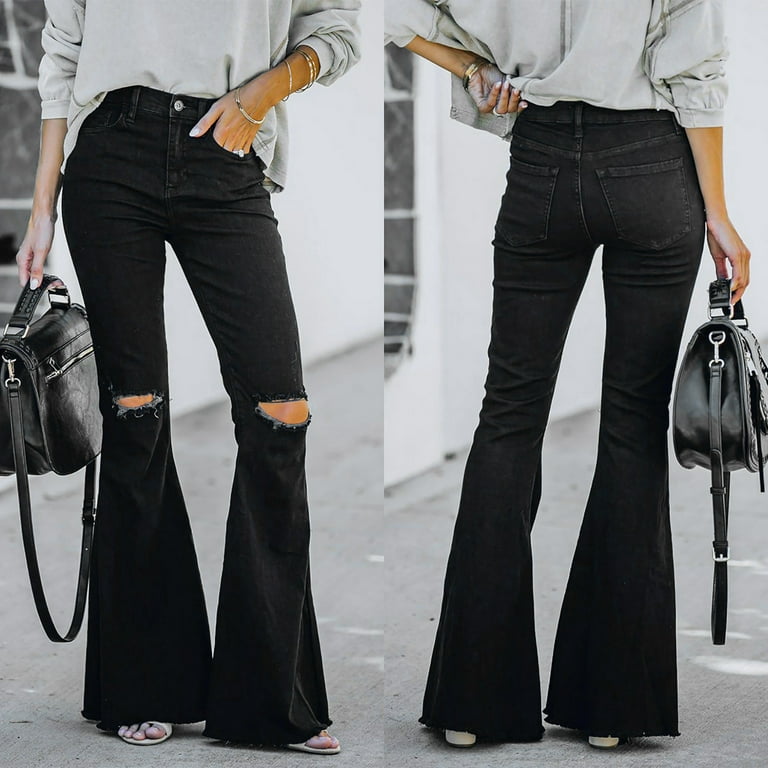 YWDJ Jeans for Women Stretch Skinny Women Fashion Casual Solid Color Flare  Pants Jeans Pocket Pants Women Jeans Black M 