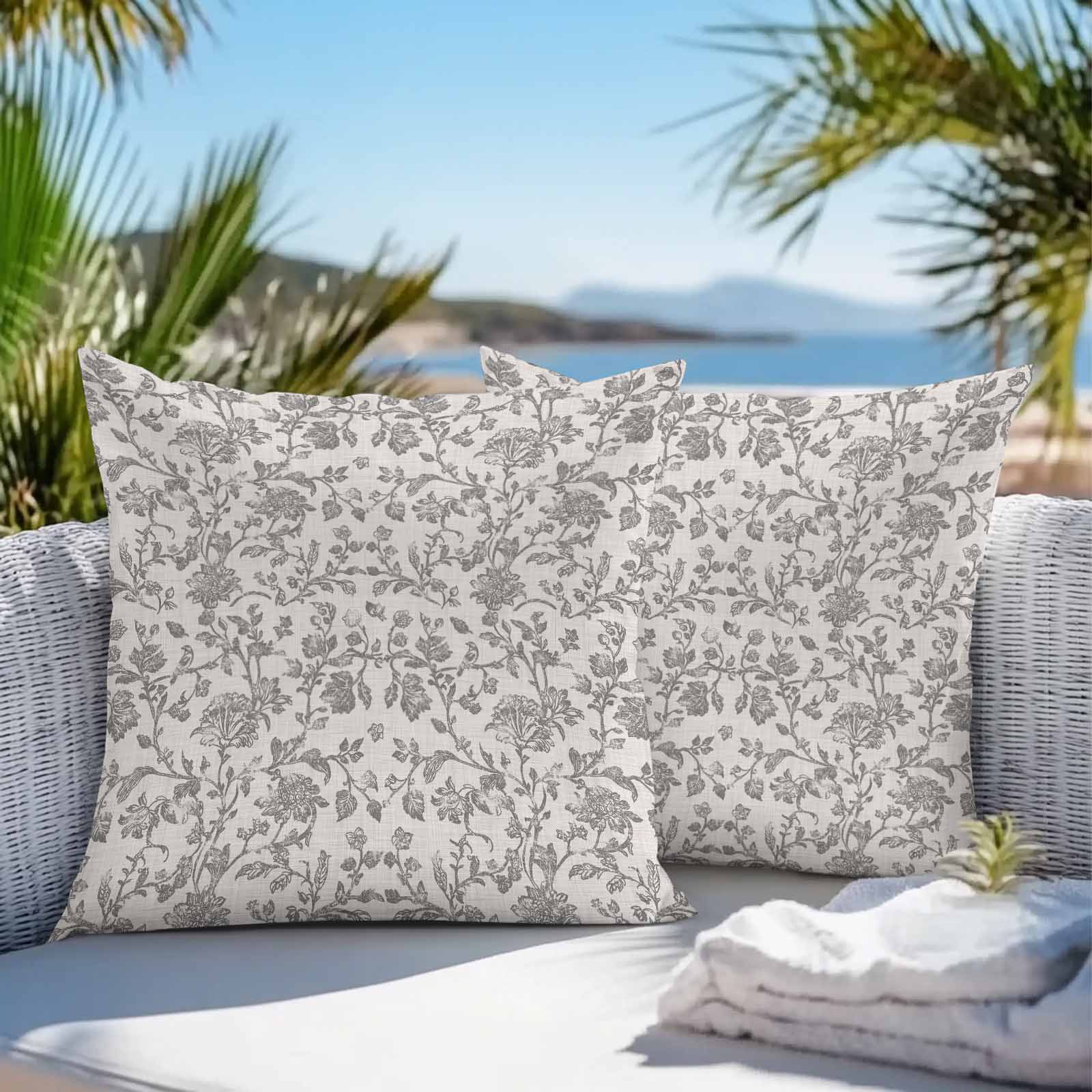 Farmhouse Grey Waterproof Outdoor Throw Pillow Covers 18''x18'' Pack 2, Pillow Cases Throw Cushion Cover with Zipper, Vintage Flower Leaf Botanical Plant Washable Pillowcase for Poolside Sofa