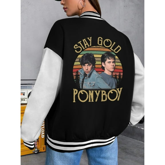 Women's Baseball Jacket Stay Gold Pony Outsiders Retro Vintage Hoodie Bomber Jacket Big Size Ladies Golden