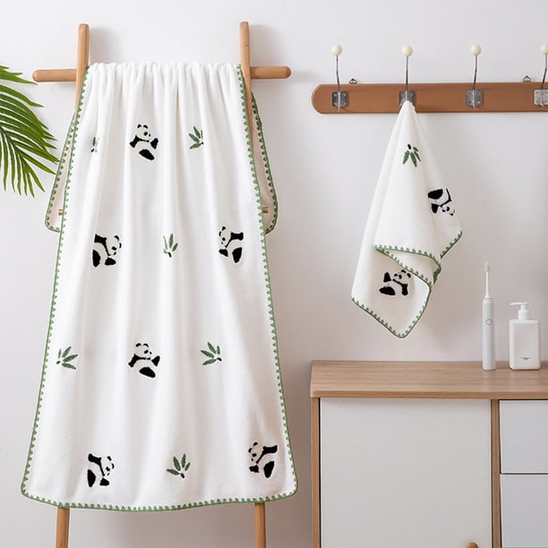 Linda toalla de baño de vellón de coral bordada panda, grande 76x34cm, toalla absorbente gruesa de secado rápido para el hogar y la playa, poliéster blanco suave sin pelusa, 1 paquete