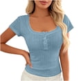 thumbnail image 3 of TKLPEHG Summer Tops For Women 2026 Short Sleeve Solid Color Tee Shirts Fashion Dressy Casual Crew Neck Button Slim Tops (Light Blue,S), 3 of 6