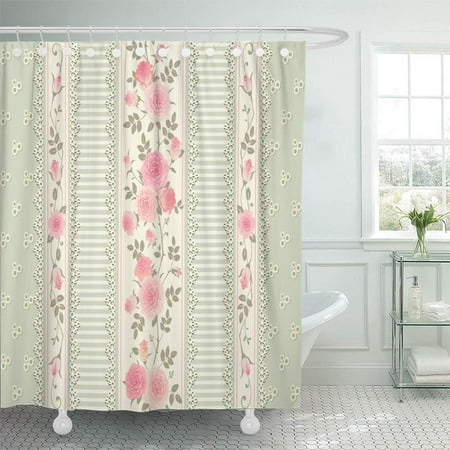 - PKNMT Green Delicate Floral Pattern Laces Stripes Pink Roses Shabby Chic Style Bathroom Shower Curtain 66x72 inch