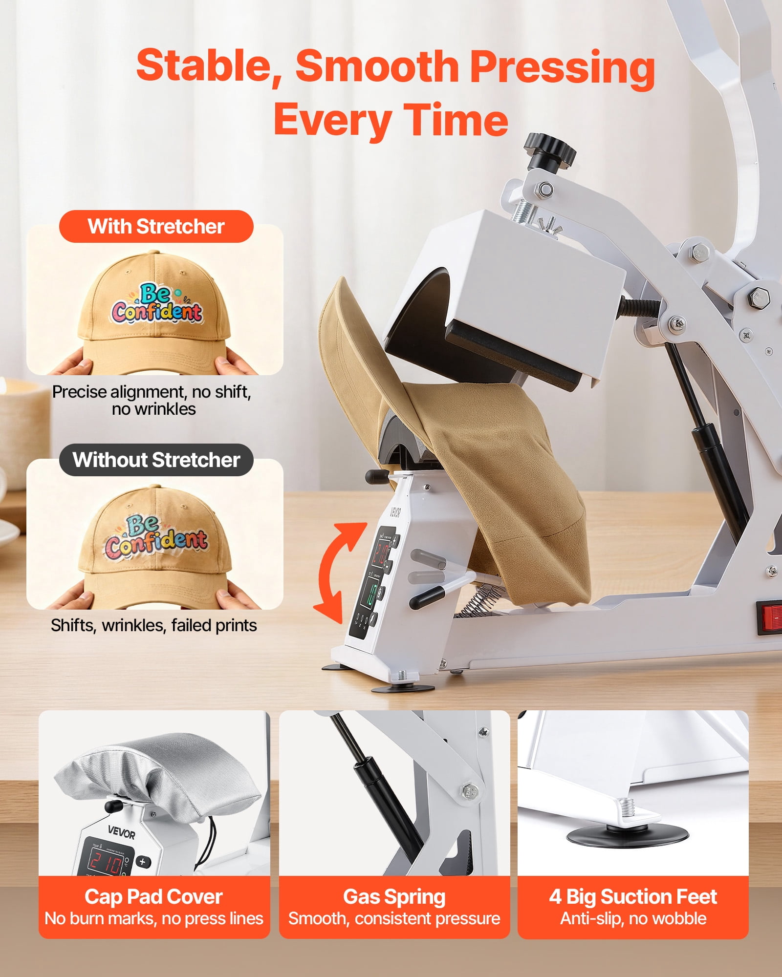 VEVOR Hat Heat Press Machine, 8.5 x 4 in Large Heating Plate, with Caps Stretcher, Precise Temperature & Time Control, Heat Press for Hats and Caps, for HTV Iron On and Sublimation Projects, White