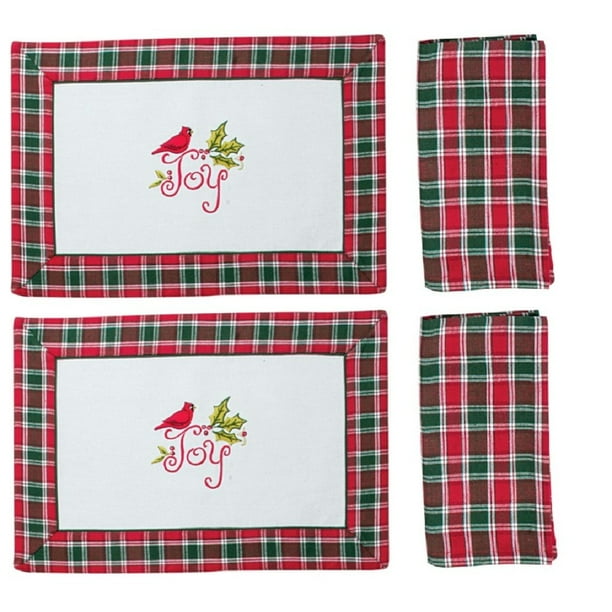 Kay Dee 2 Cardinal Plaid Embroidered Fabric Placemats and 2