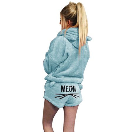 

Women Plush Pajamas Set Thick Hoodie Long Tops+Embroidery Shorts Sleepwear Homewear 2XL 4
