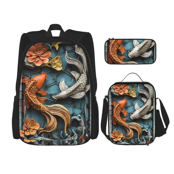 Balery Colorful Koi Fish Art Mochila Escolar 3 en 1 para Niños - Mochila Resistente con Lonchera Térmica y Estuche - Mochila Escolar para Niños y Niñas