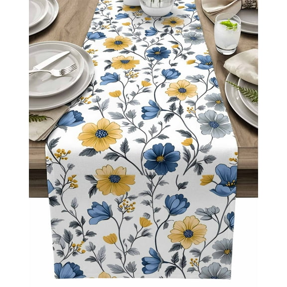 Table Runner Yellow Blue Flowers Table Decoration for Kitchen Dinning Watercolor Leaf Floral Table Decoration for Indoor Outdoor Party Wedding Decor 13x72inch