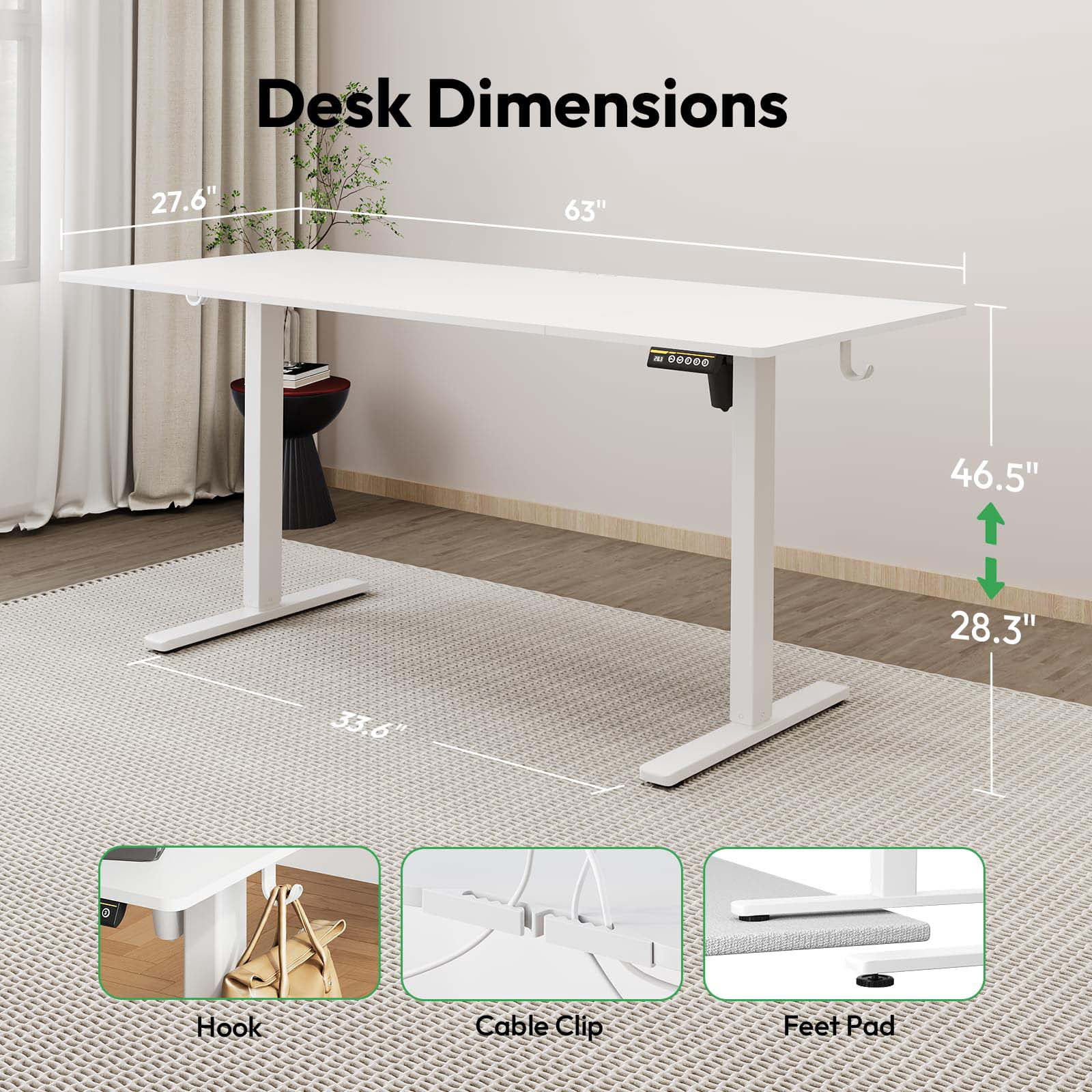 63"×28" White Electric Height Adjustable Desk, Ergonomic Sit Stand Computer Workstation With 3 Custom Height Memory Presets and Child Lock for Home & Office