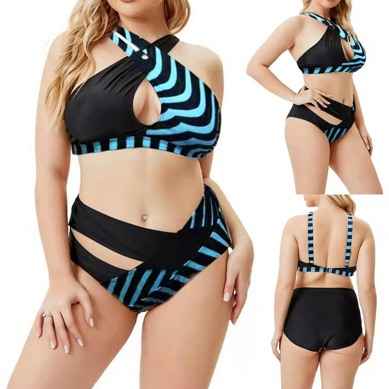 Halter High Rise Plus Size Push Up Bustier Bikini Set In BLUE