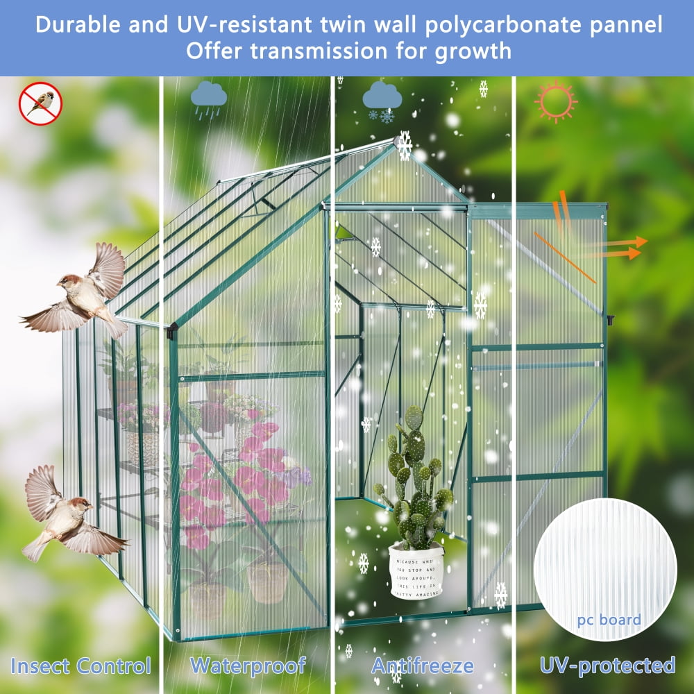 6X10 FT Greenhouse - Sturdy Walk-In Design with Raised Base and Heavy-Duty Aluminum Frame. Ideal for Year-Round Outdoor Gardening in Your Backyard. Cultivate Your Green Paradise