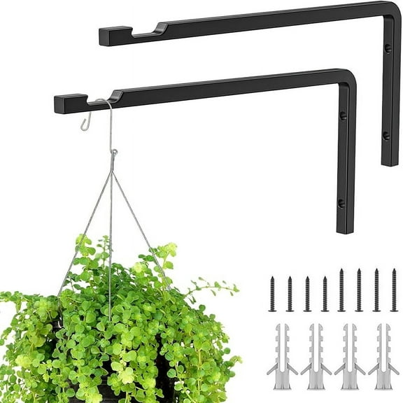 2 Pack 8 Inch Plant Hanger Hooks for Indoor Hanging Plants, Heavy Duty Steel Hanging Plant Brackets Wall Mount Hooks for Hanging Bird Feeders Flower Basket Wind Chime Solar Lanterns Outdoor, Black