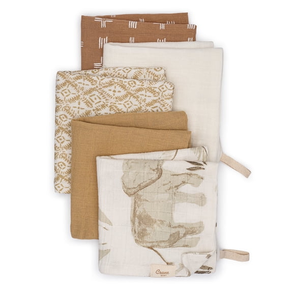 Crane Baby Wash Cloth Set, 100% Cotton Baby Washcloths, Set of 5 Baby Washcloths, Safari Animal Theme, Baby Washcloths For Newborn, Muslin Baby Washcloths, Newborn Baby Gift, Baby Registry Gift