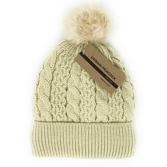 Urban-Peacock Trendy Chunky Soft Stretch Cable Knit Beanie Hat with Warm Fleece Lining & Pom Pom - Beige