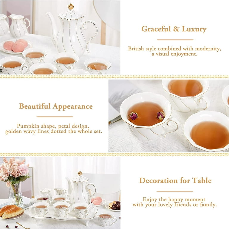 DUJUST 22 pcs Porcelain Tea Set for 6, Luxury British Style Tea/Coffee Cup  Set with Golden Trim, Beautiful Tea Set for Women, Tea Party Set, Gift