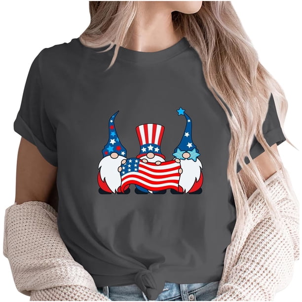 Camiseta de Cuello de la Tripulación de la Impresión Del Día de la Independencia de las Mujeres, Camiseta Casual Elegante para las Mujeres