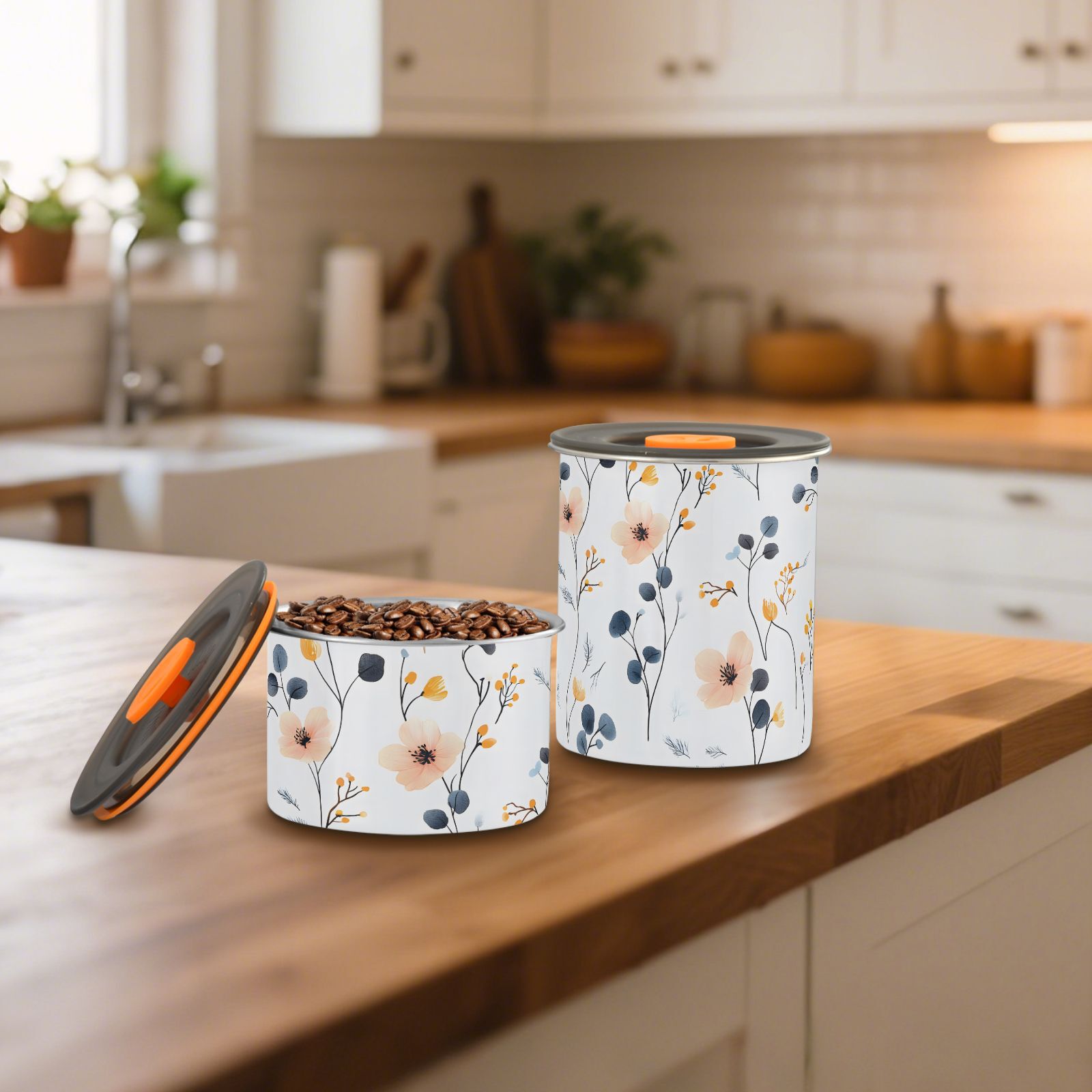 Wild Flowers Floral Boho Airtight Coffee Bean Canister 30oz Food Storage Containers with Lids For Gournd, Tea, Sugar, Flour, Rice, Cereal, Candy Cookie Jar