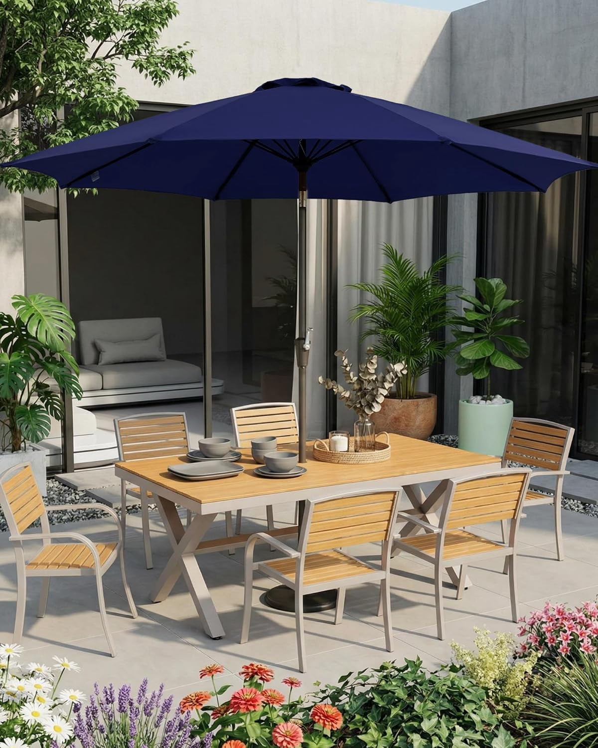 SOLLED 9FT Patio Umbrella with Push Button Tilt & Crank, Outdoor Market Table Umbrella with 8 Ribs for Garden Backyard Deck Pool,Navy Blue