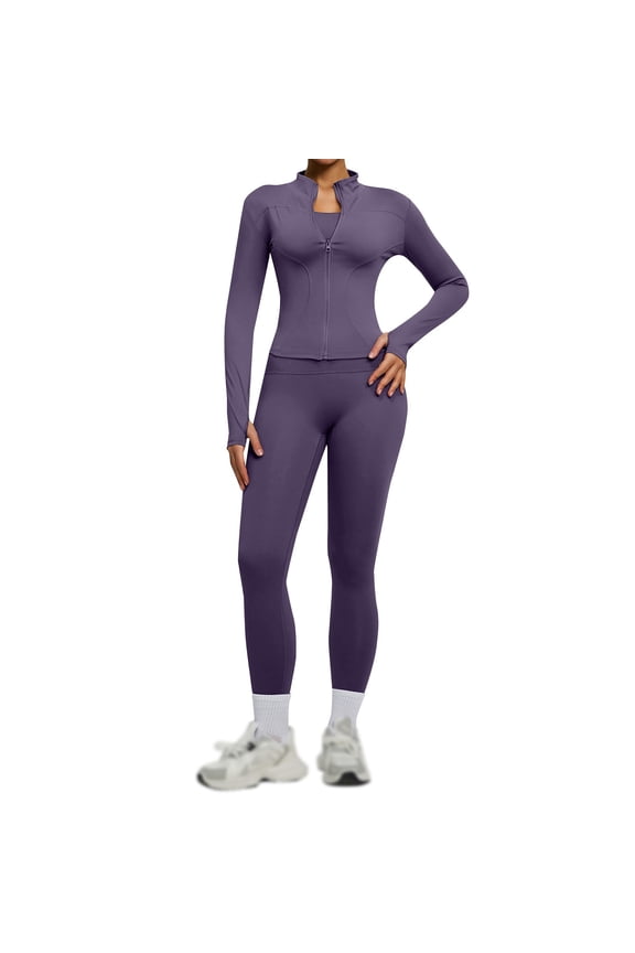 Womens Two Piece Tracksuit Set Long Sleeve Zipper Jacket with Athletic High Waist Leggings Workout Outfit Dark Purple 2XL