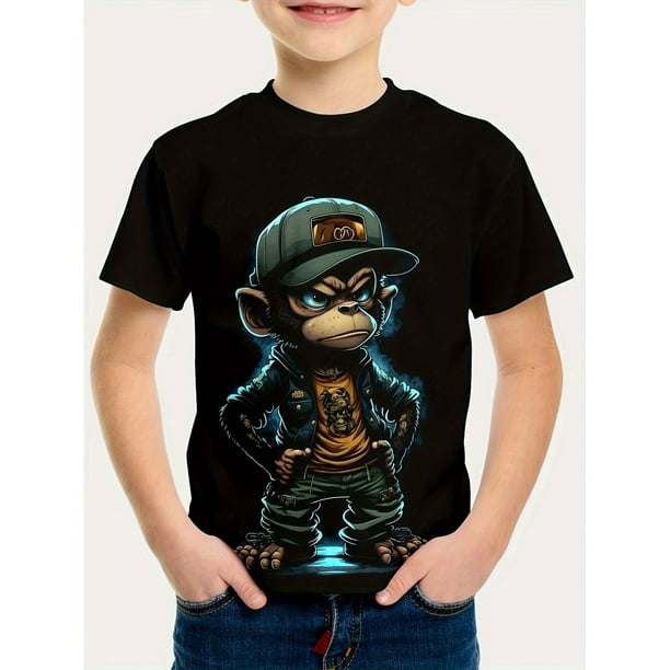 Cool Monkey 3D Print Tee Tops, Boy's Round Neck Casual Short Sleeve Comfortable Soft Versatile T-shirt