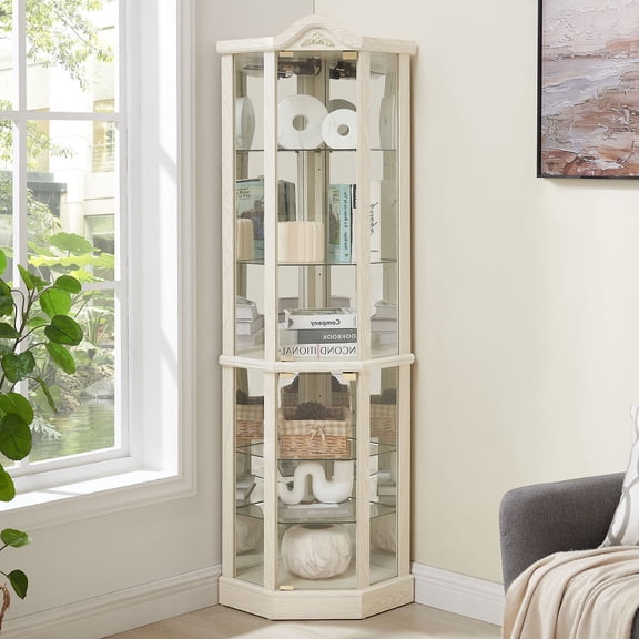 S-HOME White Lighted Curio Cabinet with Glass Shelves for Wine and Bar Display, Decorative Corner Featuring Adjustable Lighting