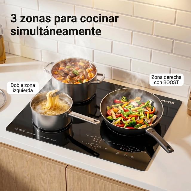 Cocina de Inducción de 3 Quemadores 2000W, Placa Eléctrica Empotrable con Función Boost, 10 Niveles 60°C-240°C