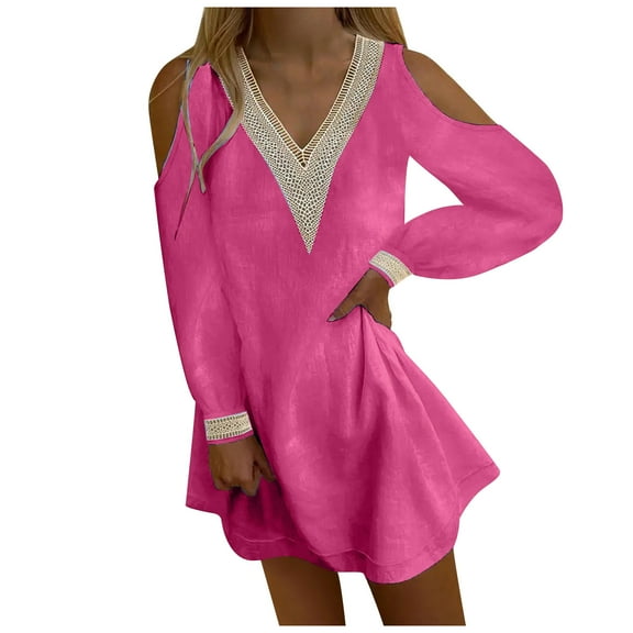 Wycnly Dresses for Women Party Sexy Lace Trim Cotton Linen Cold Shoulder Tshirt Mini Dresses V-Neck Long Sleeve Solid Summer Short Formal Dress Hot Pink m